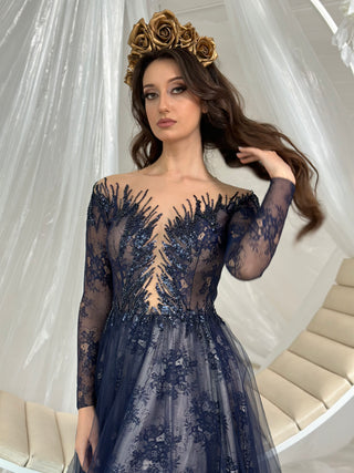 Unique Blue Lace Gown with Long Sleeves - Dresses Dioma