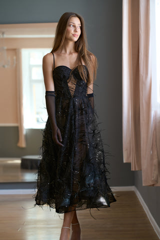 Black Elegant Couture Gown A-Line Midi with Ostrich Feathers