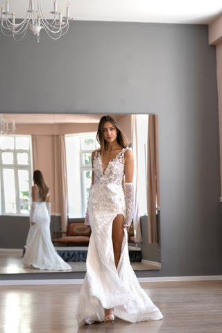 Floral Open Back Modern Deep V Mermaid Wedding Gown Florine