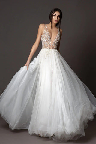Unique Sexy Beaded Gown with Deep V Neck - Dresses Dioma