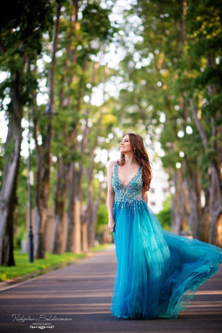 Unique Sexy Beaded Gown with Deep V Neck - Dresses Dioma