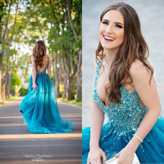 Unique Sexy Beaded Gown with Deep V Neck - Dresses Dioma