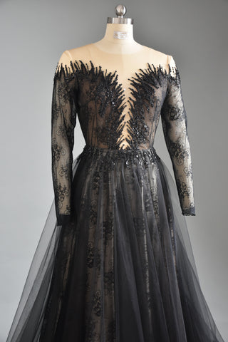 Black Lace Gown Deep V Long Sleeve Two Piece Dress