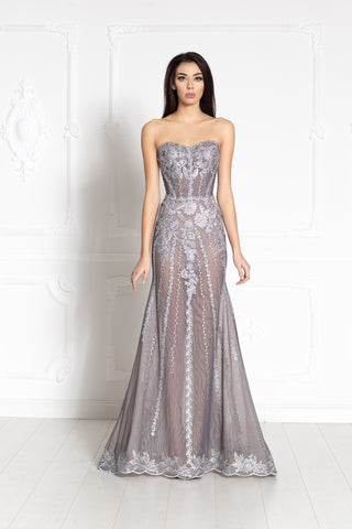 Silver strapless lace evening gown with sweetheart neckline and mermaid silhouette.