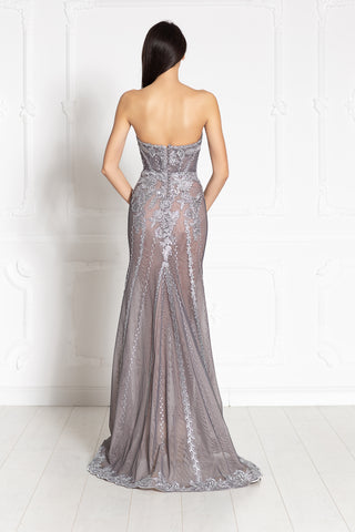 Silver strapless lace evening gown with sweetheart neckline and mermaid silhouette.