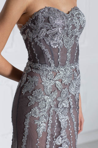 Silver strapless lace evening gown with sweetheart neckline and mermaid silhouette