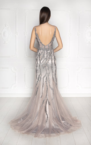 Silver beaded evening gown with plunging V-neckline, sleeveless design, and mermaid silhouette.