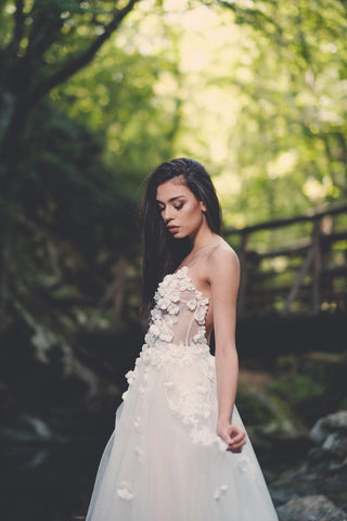 Floral wedding dress Open Back A-line with 3D flowers - Dresses Dioma