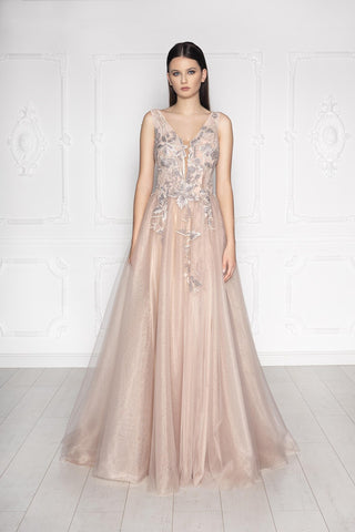 Floral Lace Blush Pink Tulle Gown - Dresses Dioma